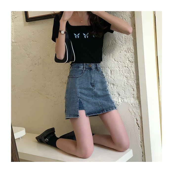 High Waist Slit Denim Mini Pencil Skort