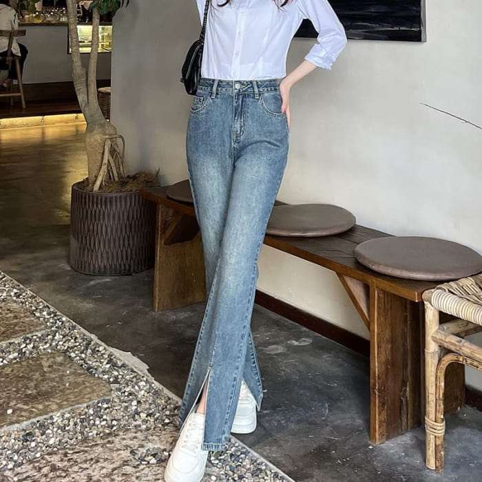 High Waist Slit Hem Flared Jeans