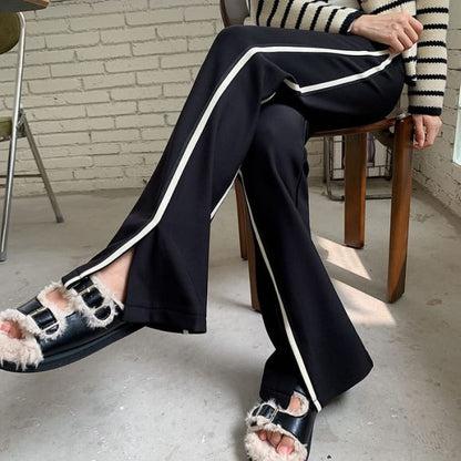 High Waist Striped Slit Fleece-Lined Flared Sweatpants