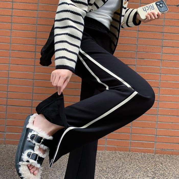 High Waist Striped Slit Fleece-Lined Flared Sweatpants