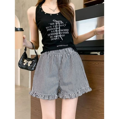 High Waist Striped Wide Leg Shorts - Black / S