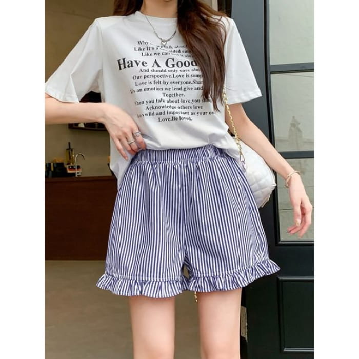 High Waist Striped Wide Leg Shorts - Blue / S