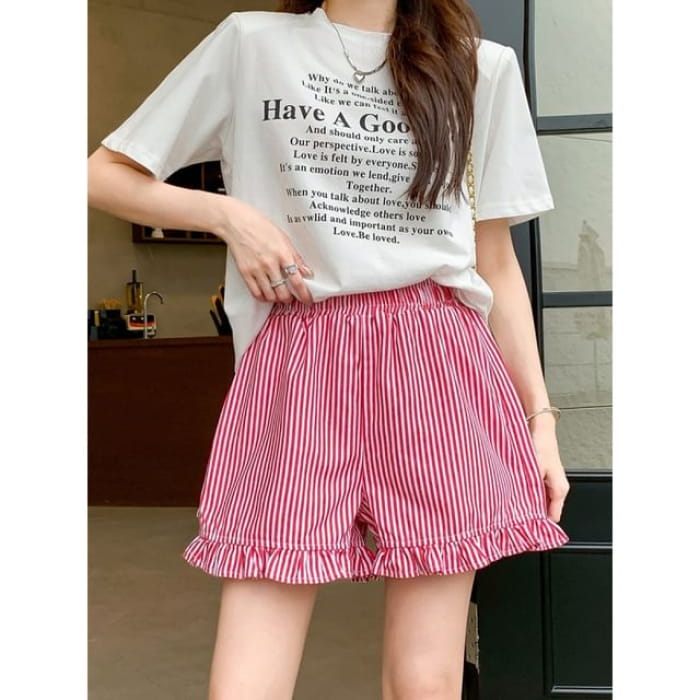 High Waist Striped Wide Leg Shorts - Red / S