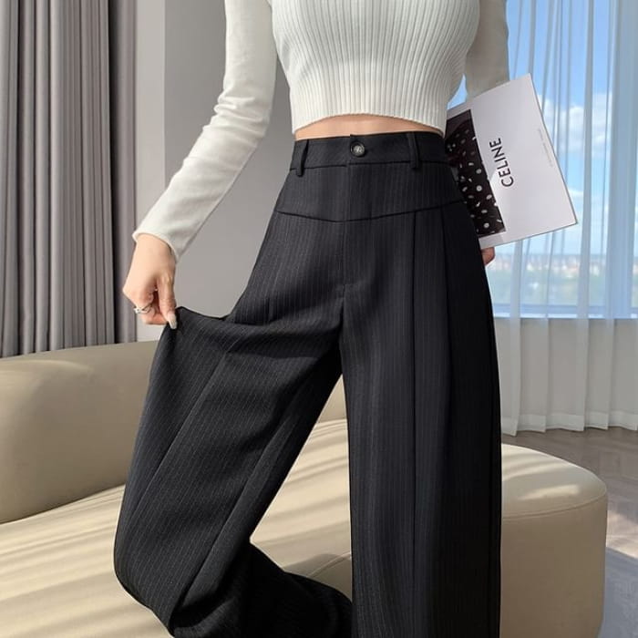 High Waist Striped Wide Leg Suit Pants - Stripe - Black / S