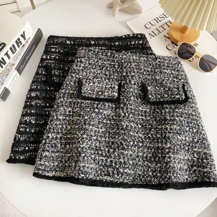 High Waist Tweed Mini A-Line Skirt