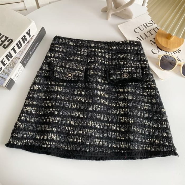 High Waist Tweed Mini A-Line Skirt - Black / S