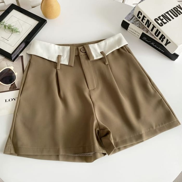 High Waist Two Tone Dress Shorts - Khaki / S