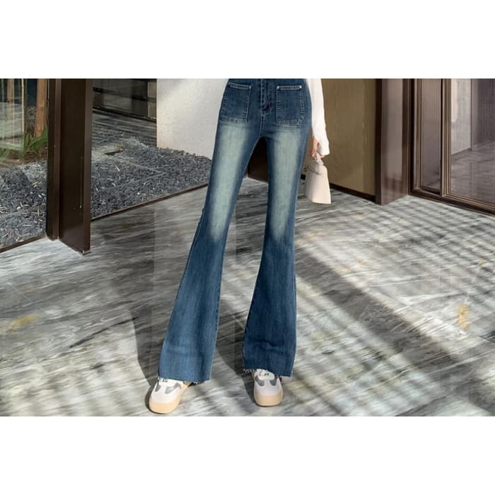 High Waist Washed Frayed Flared Jeans