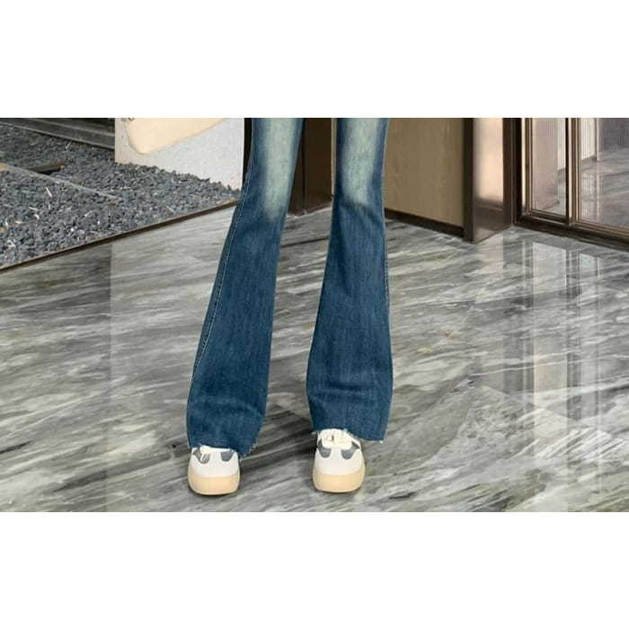 High Waist Washed Frayed Flared Jeans