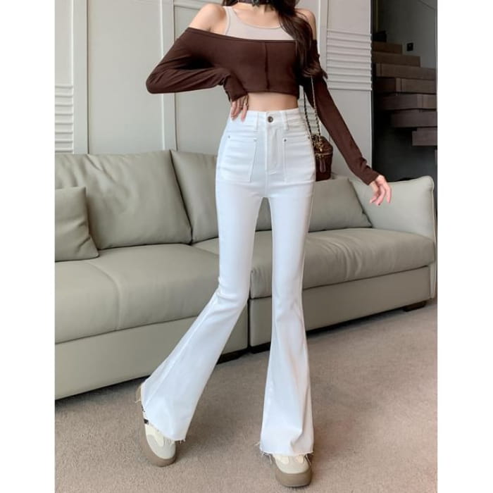 High Waist Washed Frayed Flared Jeans - White / S