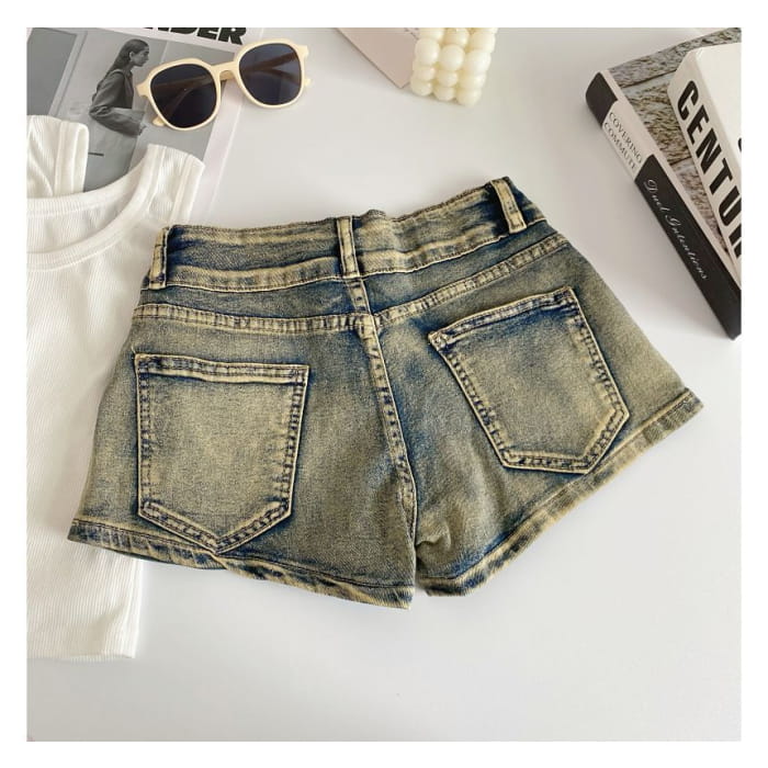 High Waist Washed Studded Denim Shorts