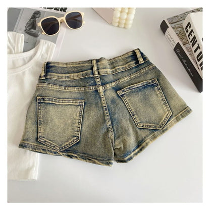 High Waist Washed Studded Denim Shorts