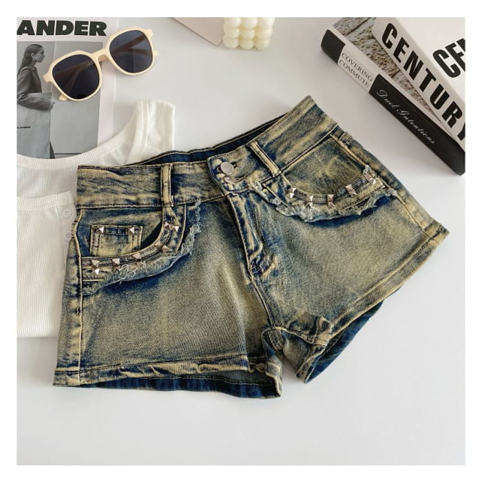 High Waist Washed Studded Denim Shorts