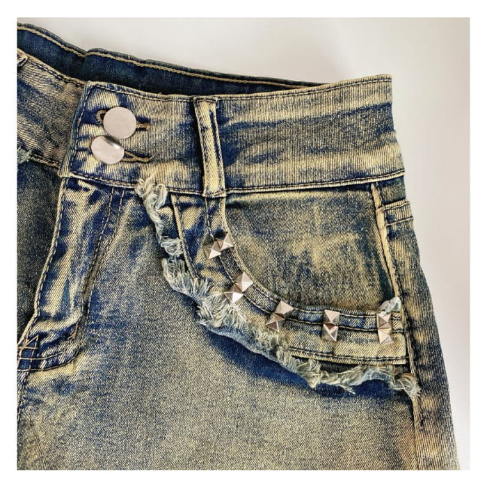 High Waist Washed Studded Denim Shorts