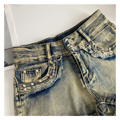 High Waist Washed Studded Denim Shorts