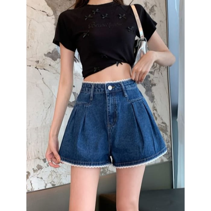 High Waist Wide Leg Denim Shorts - Blue / S