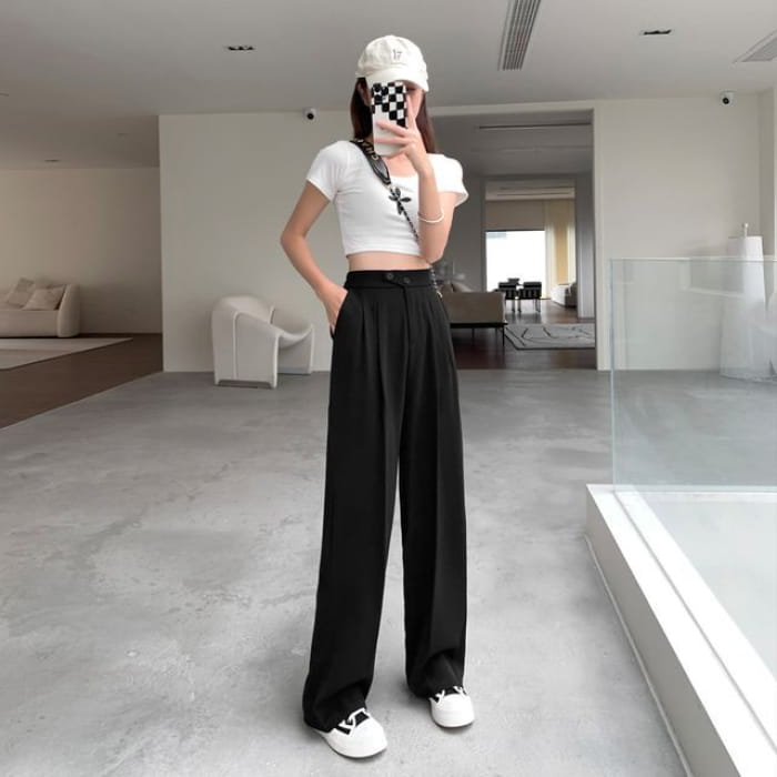 High-Waist Wide-Leg Dress Pants - Black / S