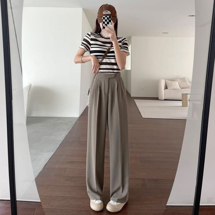 High-Waist Wide-Leg Dress Pants - Khaki / S