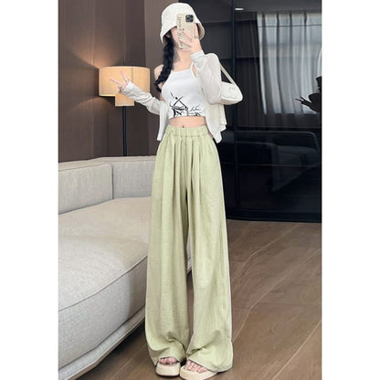 High Waist Wide Leg Plain Elastic Pants