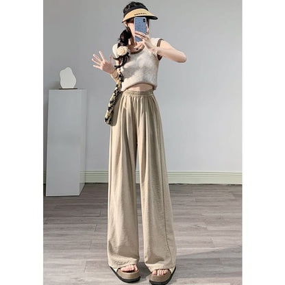 High Waist Wide Leg Plain Elastic Pants