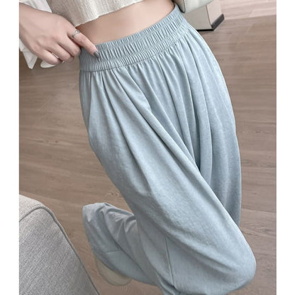 High Waist Wide Leg Plain Elastic Pants