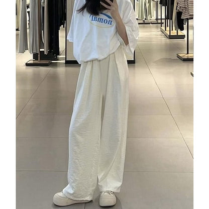 High Waist Wide Leg Plain Elastic Pants