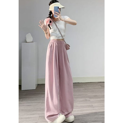 High Waist Wide Leg Plain Elastic Pants