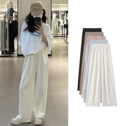 High Waist Wide Leg Plain Elastic Pants