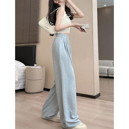 High Waist Wide Leg Plain Elastic Pants