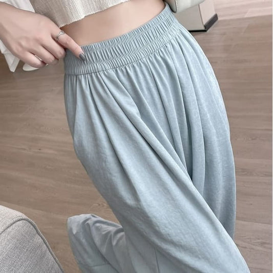 High Waist Wide Leg Plain Elastic Pants