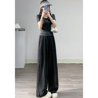 High Waist Wide Leg Plain Elastic Pants