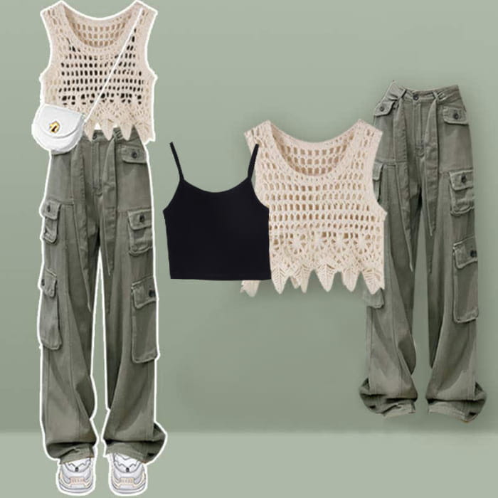 Hollow Out Crochet Crop Top Cami Cargo Pants