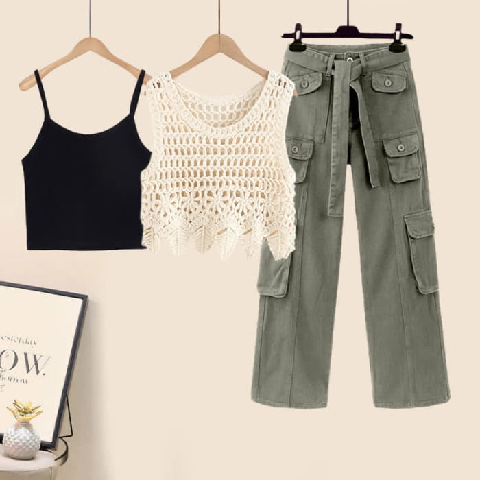 Hollow Out Crochet Crop Top Cami Cargo Pants