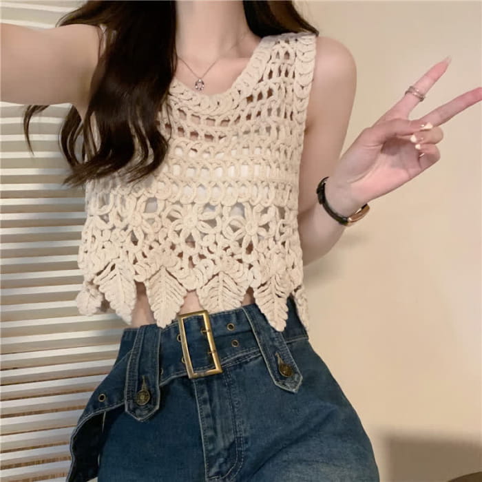 Hollow Out Crochet Crop Top Cami Cargo Pants