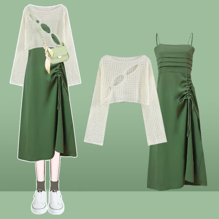 Hollow Out Crochet Crop Top Green Drawstring Dress