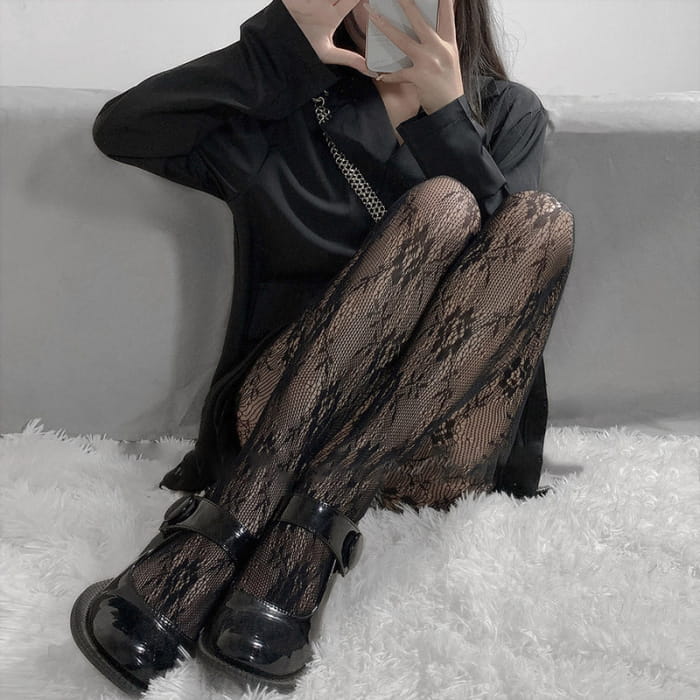 Hollow Out Lolita Mesh Stockings - Black / One size