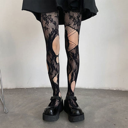 Hollow Out Rose Pattern Mesh Stockings - Black / One size