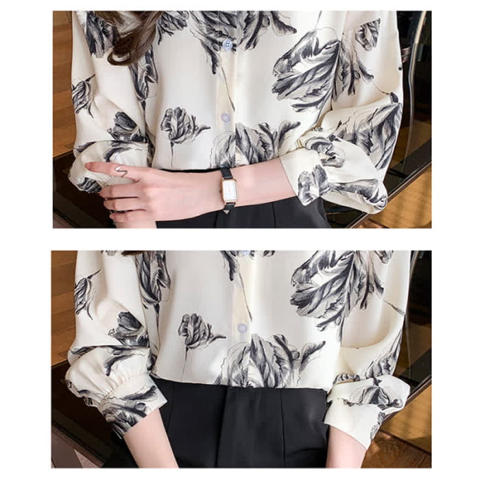 Ink Painting Blossom Print Lapel Shirt