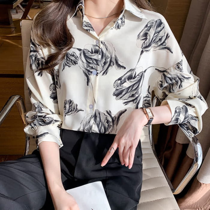 Ink Painting Blossom Print Lapel Shirt