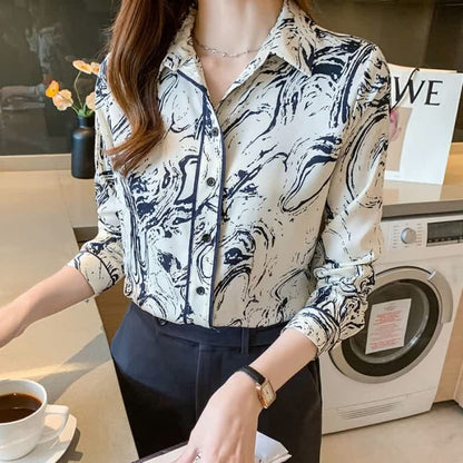 Ink Painting Print Long Sleeve Lapel Shirt