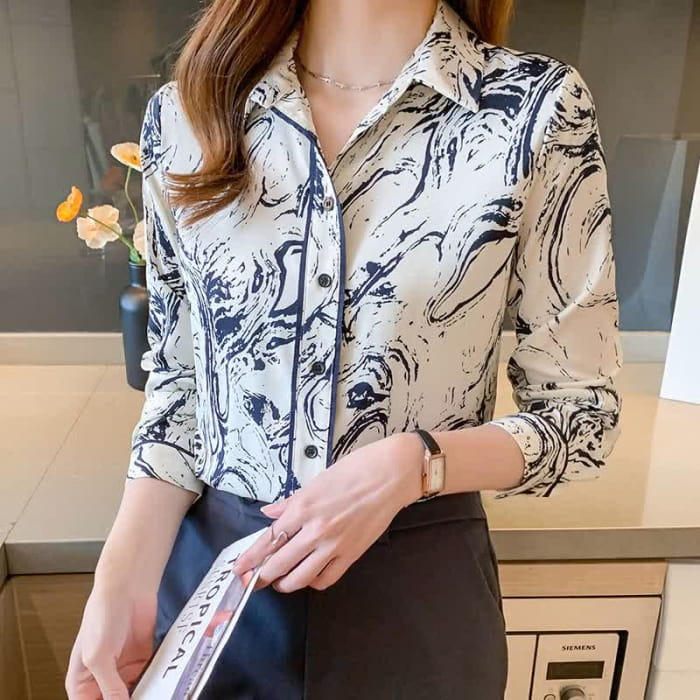 Ink Painting Print Long Sleeve Lapel Shirt