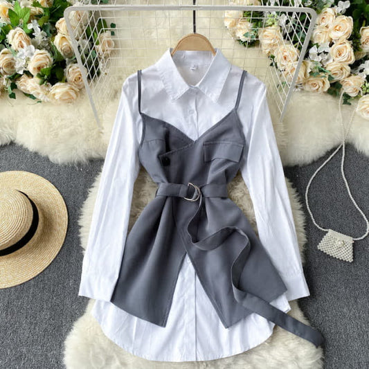 Irregular Belted Slip Dress Shirt Set - Grey / S