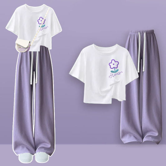 Irregular Cartoon Floral T-shirt High Waist Purple Pants