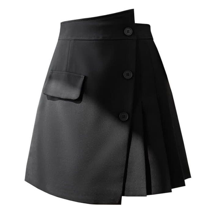 Irregular High Waist Pleated Skirt - Black / M