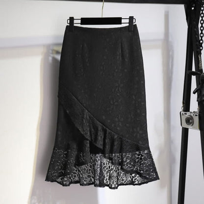 Irregular Lace Stitching Fishtail Skirt - Black / S