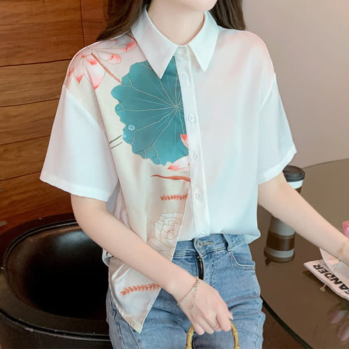 Irregular Lotus Print Short Sleeve Chiffon Lapel Shirt