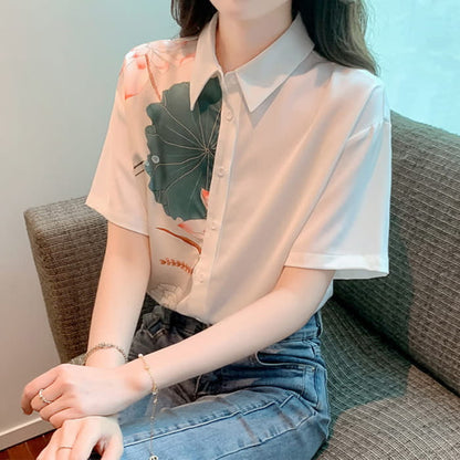 Irregular Lotus Print Short Sleeve Chiffon Lapel Shirt