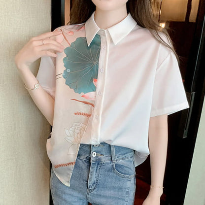 Irregular Lotus Print Short Sleeve Chiffon Lapel Shirt