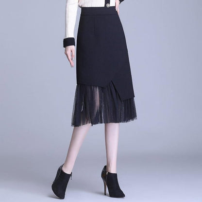 Irregular Mesh Stitching Black Skirt