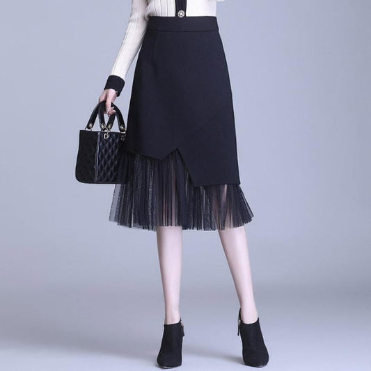 Irregular Mesh Stitching Black Skirt